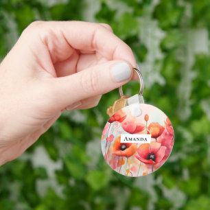 Red Watercolor Poppies in a Field Key Ring