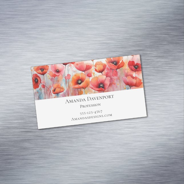 Red Watercolor Poppies in a Field Magnetic Business Card (In Situ)