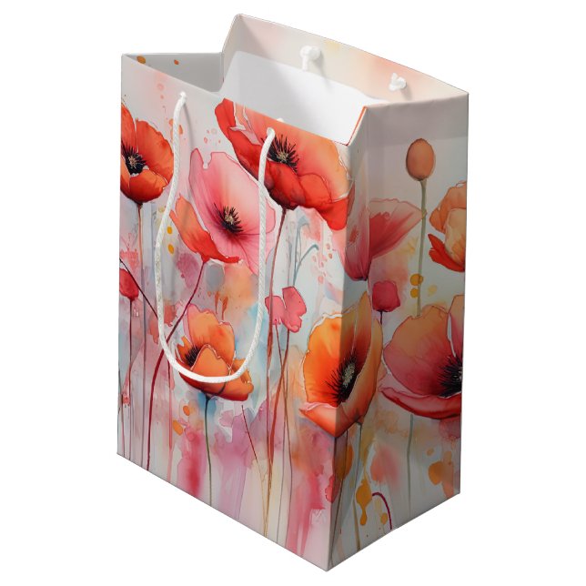 Red Watercolor Poppies in a Field Medium Gift Bag (Back Angled)