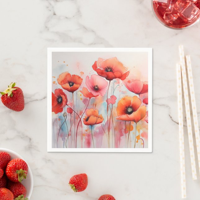Red Watercolor Poppies in a Field Napkin (Insitu)