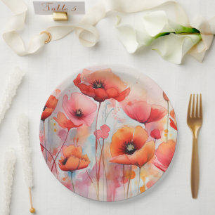 Red Watercolor Poppies in a Field Paper Plate