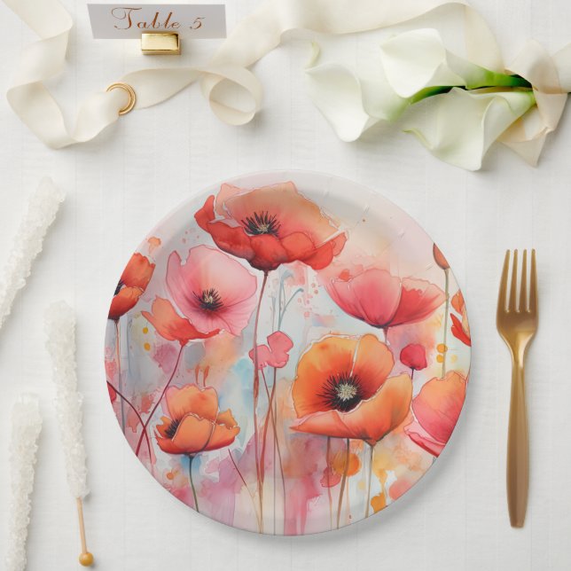 Red Watercolor Poppies in a Field Paper Plate (Wedding)