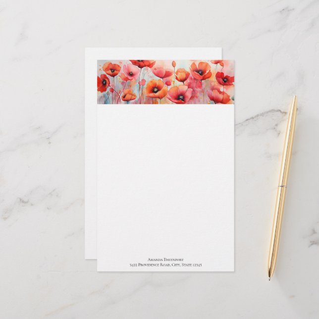 Red Watercolor Poppies in a Field Stationery (Front/Back In Situ)