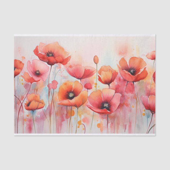 Red Watercolor Poppies in a Field Tissue Paper (Front)