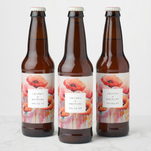 Red Watercolor Poppies in a Field - Wedding Beer Bottle Label