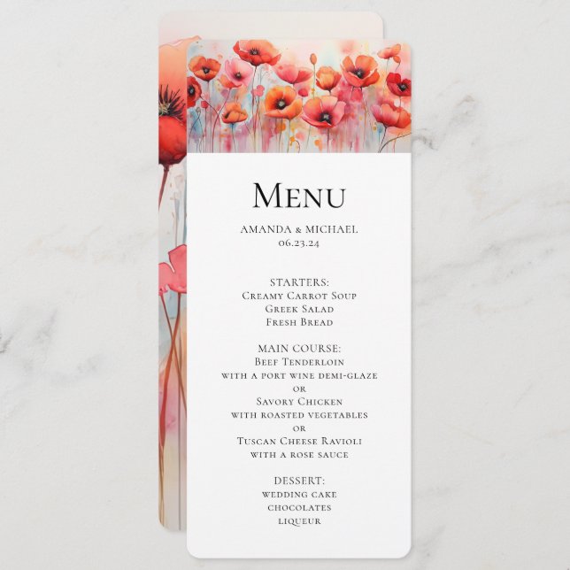 Red Watercolor Poppies in a Field Wedding Invitation (Front/Back)