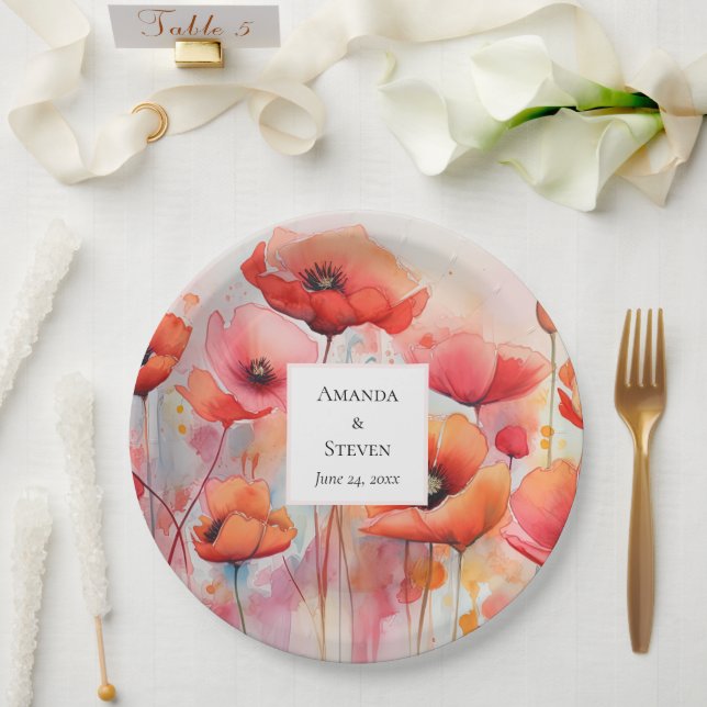 Red Watercolor Poppies in a Field Wedding Paper Plate (Wedding)
