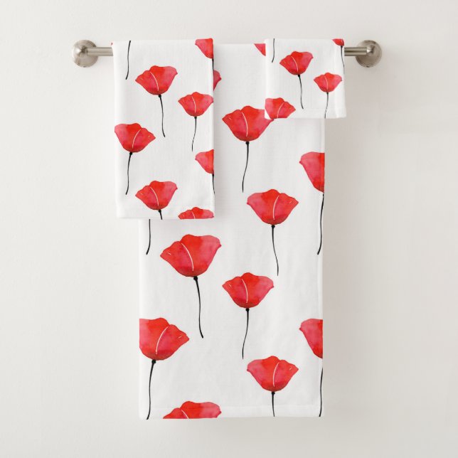 Red Watercolor Poppies Pattern Bath Towel Set (Insitu)