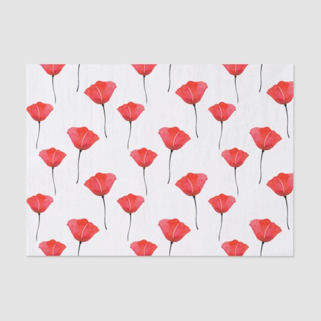 Red Watercolor Poppies Pattern Tissue Paper (Front)