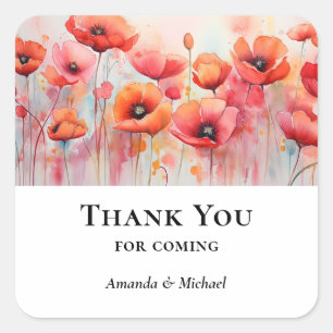 Red Watercolor Poppies Wedding Thank You Square Sticker