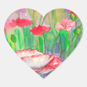 Red Watercolor Poppy Flowers Heart Sticker