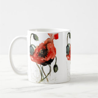 Red watercolor poppy seed flowers coffee mug