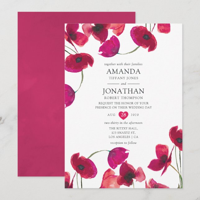 Red Watercolor Poppy Wedding Invitation (Front/Back)