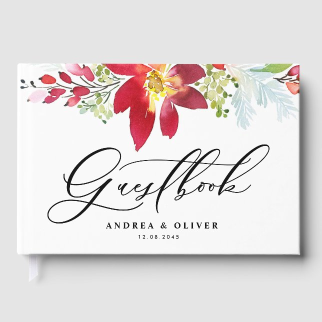 Red Watercolor Red Christmas Flowers Wedding Guest Book (Front)