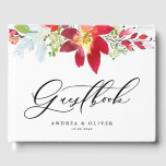 Red Watercolor Red Christmas Flowers Wedding Guest Book<br><div class="desc">Celebrate with this floral wedding guest book. Guest can record happy memories or leave well wishes. It features watercolor illustrations of red flowers, blooms, green foliage and pine needles with elegant script and modern typography. Personalise by adding names, dates and photo. This floral guest book is perfect for spring and...</div>