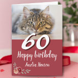 Red Watercolor Rose Cat Photo 60th Birthday  Card<br><div class="desc">Red Watercolor Rose Cat Photo 60th Birthday Card. Watercolor roses in red and orange colours. A photo of a cat for cat lovers. Add name and message inside.</div>