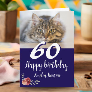 Red Watercolor Rose Cat Photo 60th Birthday  Card