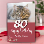 Red Watercolor Rose Cat Photo 80th Birthday  Card<br><div class="desc">Red Watercolor Rose Cat Photo 80th Birthday Card. Watercolor roses in red and orange colours. A photo of a cat for cat lovers. Add name and message inside.</div>