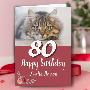 Red Watercolor Rose Cat Photo 80th Birthday Card