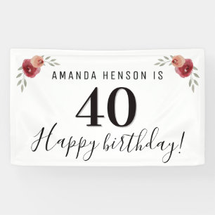 Red Watercolor Rose Floral 40th Birthday Banner