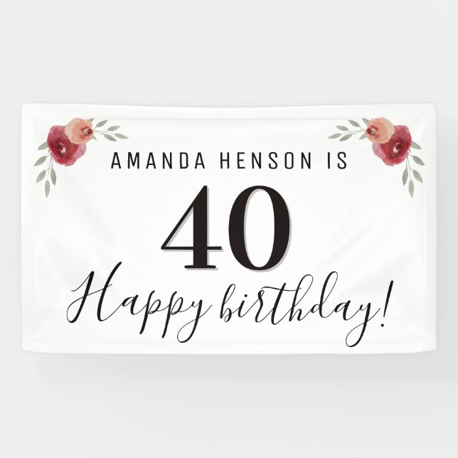 Red Watercolor Rose Floral 40th Birthday Banner (Horizontal)