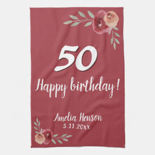 Red Watercolor Rose Floral 50th Birthday Tea Towel