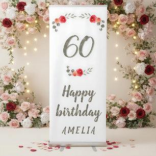 Red Watercolor Rose Floral 60th Birthday Party Retractable Banner