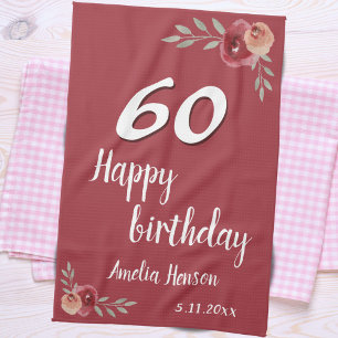 Red Watercolor Rose Floral 60th Birthday Tea Towel