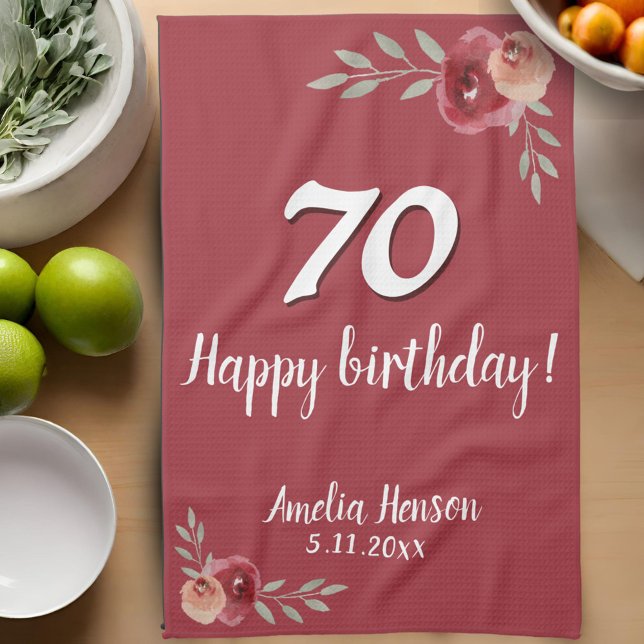 Red Watercolor Rose Floral 70th Birthday Tea Towel (Creator Uploaded)