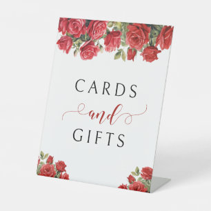 Red Watercolor Rose Floral Wedding Cards And Gifts Pedestal Sign