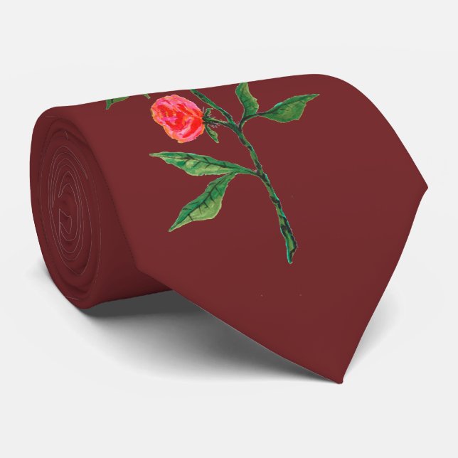 Red Watercolor Rose Neck Tie (Rolled)