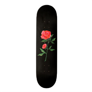 Red Watercolor Rose on Black Skateboard