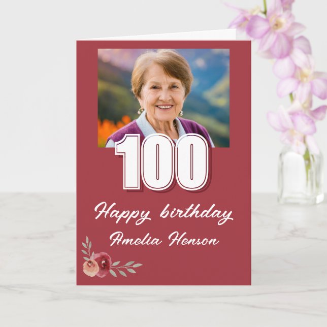 Red Watercolor Rose Photo 100th Birthday  Card (Orchid)