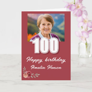 Red Watercolor Rose Photo 100th Birthday Card