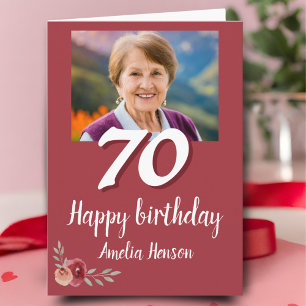Red Watercolor Rose Photo 70th Birthday Card