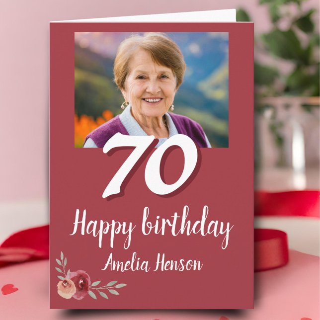 Red Watercolor Rose Photo 70th Birthday  Card (Creator Uploaded)