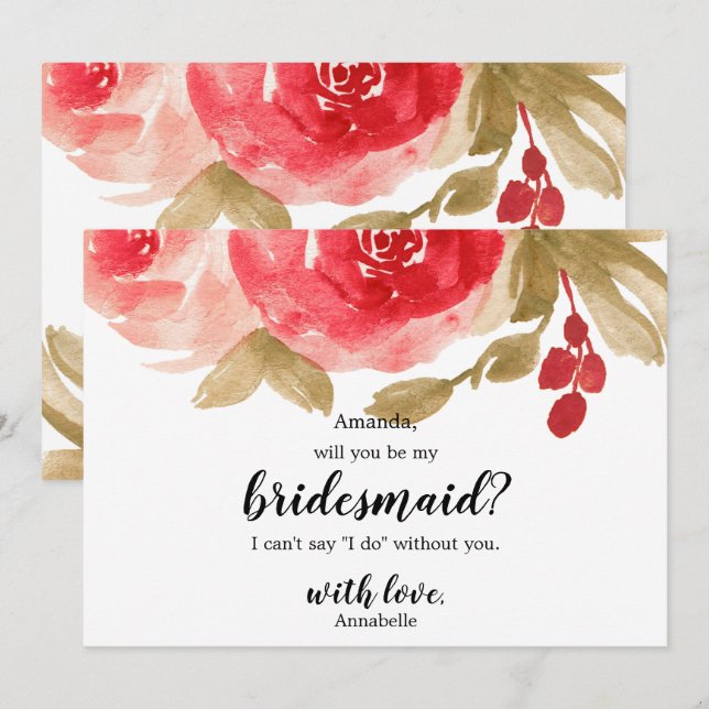 Red Watercolor Rose Wedding Be My Bridesmaid Invitation (Front/Back)