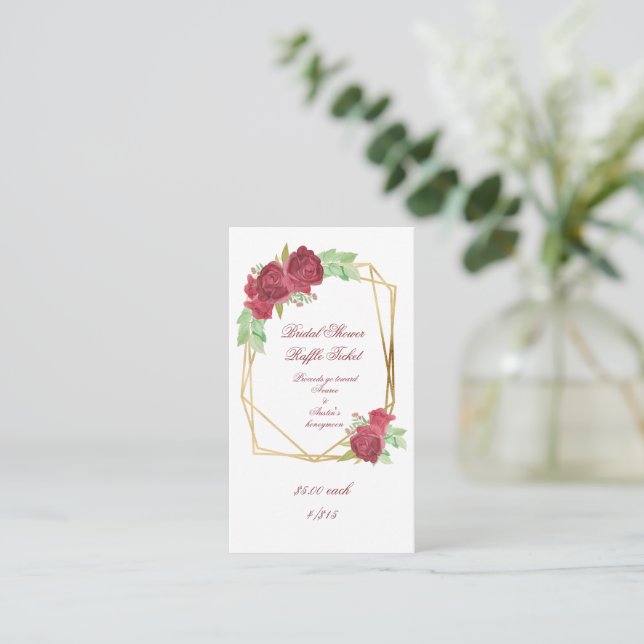Red Watercolor Roses Bridal Shower Raffle Tickets Enclosure Card (Standing Front)