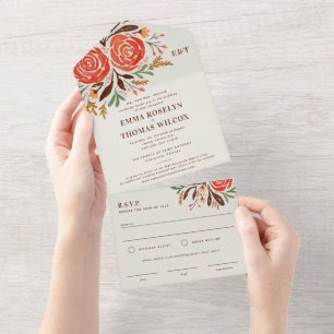 Red Watercolor Roses Fall Wedding All In One Invitation