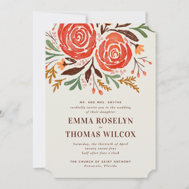Red Watercolor Roses Fall Wedding Invitation (Front)