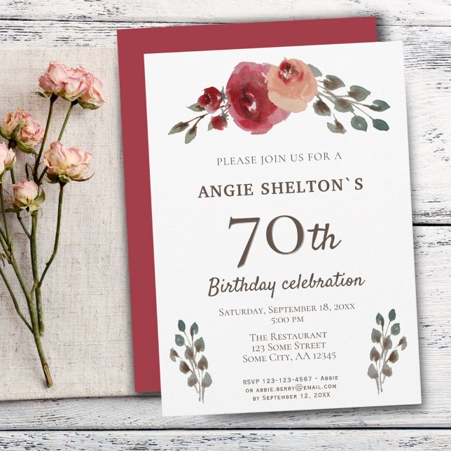 Red Watercolor Roses Floral 70th Birthday Party Invitation (Creator Uploaded)