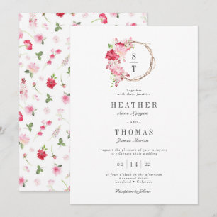 Red Watercolor Roses Monogram Wreath Wedding Invitation