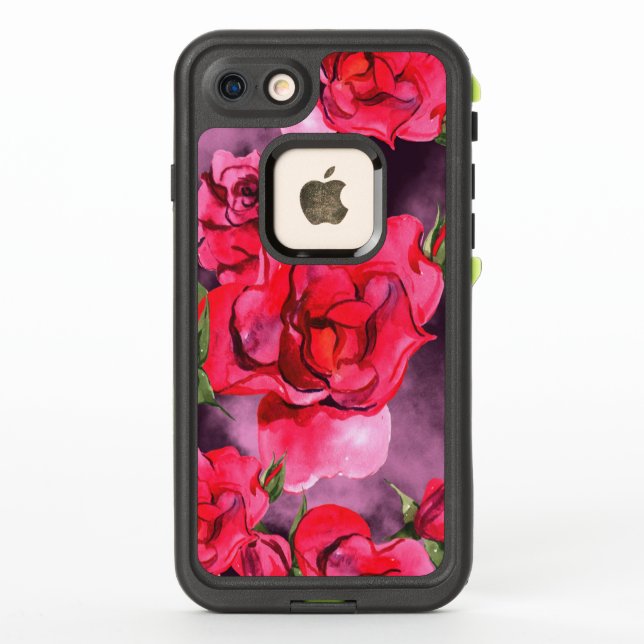 Red Watercolor Roses on Smoky Purple LifeProof iPhone Case (Back)