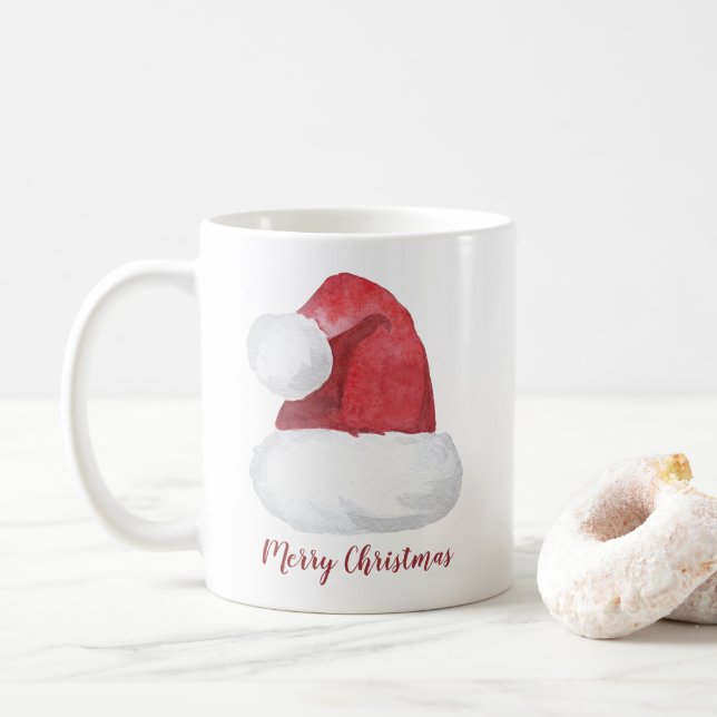 Red Watercolor Santa Hat Personalised Christmas Coffee Mug (With Donut)