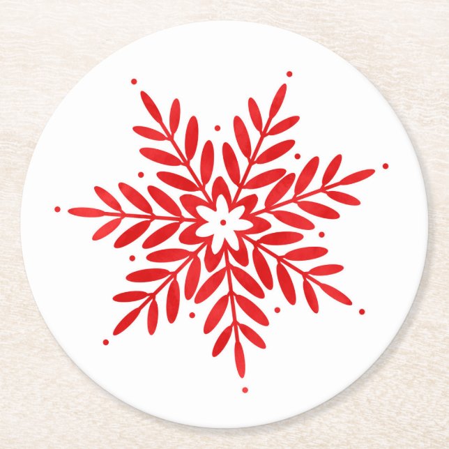 Red Watercolor Snowflake  Round Paper Coaster (Front)