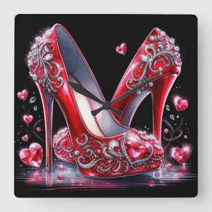 Red Watercolor Stilettos with Heart Shaped Diamond Square Wall Clock