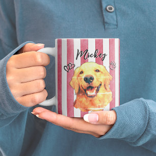 Red Watercolor Stripes Pet Dog Cat Photo and Name Coffee Mug