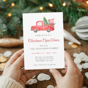 Red Watercolor Truck Christmas Holiday Open House Invitation