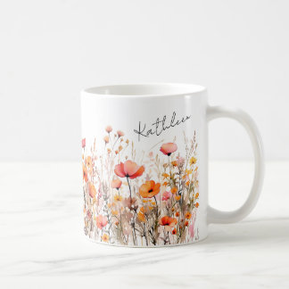 Red watercolor wild flowers coffee mug