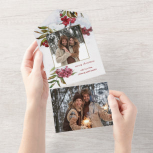 Red Watercolor Winter Berries in Snow Photo All In One Invitation